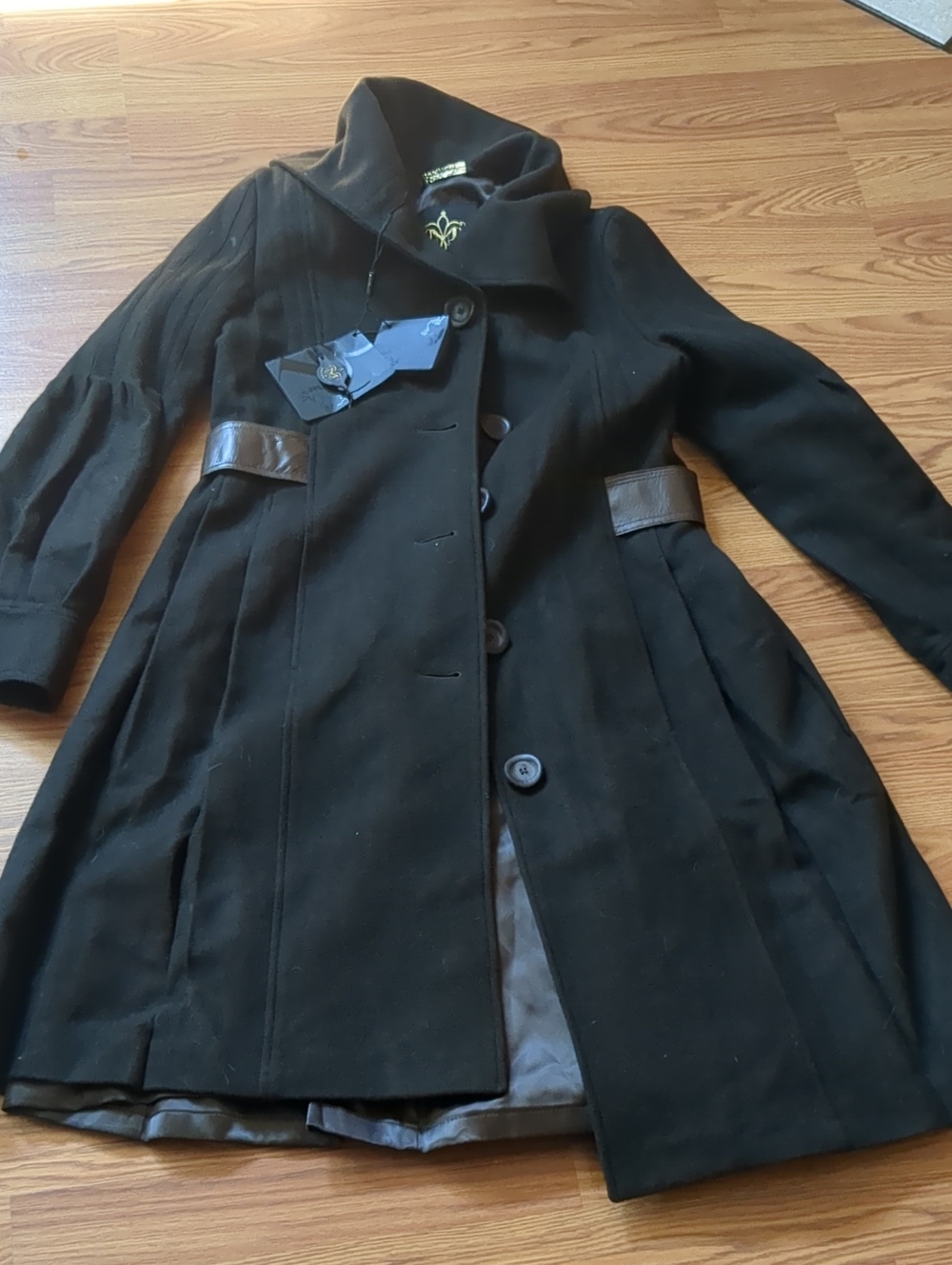 NWT Vintage Mackage Wool/Cashmere Princess Flare Coat Leather Trim Black L